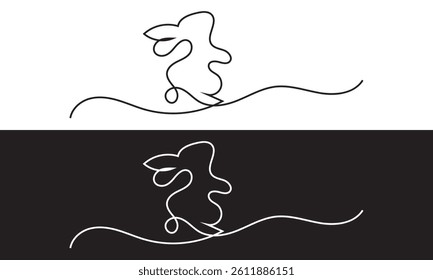 Easter design featuring rabbits and plants drawn with one continuous line. Vector for websites, mobile interfaces, presentations, banner, visual branding etc. Vector illustration. EPS 10