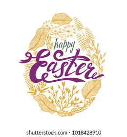 Easter design with floral frame in egg shape. Herbal wreath. Perfect for season greeting cards and banners. Vector illustration
