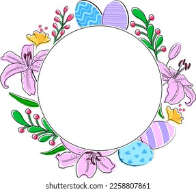 Diseño de Semana Santa con flores, huevos. Cartel de Pascua, afiche, tarjeta de saludo. Ilustración vectorial.