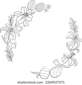 Easter design with flowers and ester eggs. Easter template line art design for greeting card, banner and poster. Vector illustration.