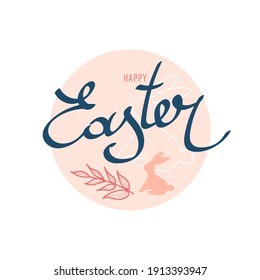 Diseño de Pascua para tarjetas de felicitación, banner, afiche, volante, web, historias. Conejo rosa bajo el texto Feliz Pascua con un fondo de círculo rosa