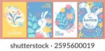 Easter design. Hand drawn cute bunnies, eggs, flowers. Colorful vector spring illustrations. Holiday cards, banners, covers.