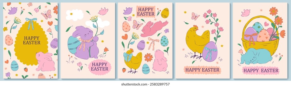 
Easter design. Hand drawn cute bunnies, eggs, flowers, plants, chick . Colorful vector spring illustrations.  Holiday cards, banners, covers.