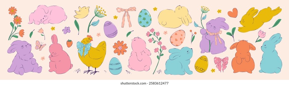 Easter design. Hand drawn cute bunnies, eggs, flowers, chick. Colorful vector spring illustrations. Holiday cards, banners, covers.