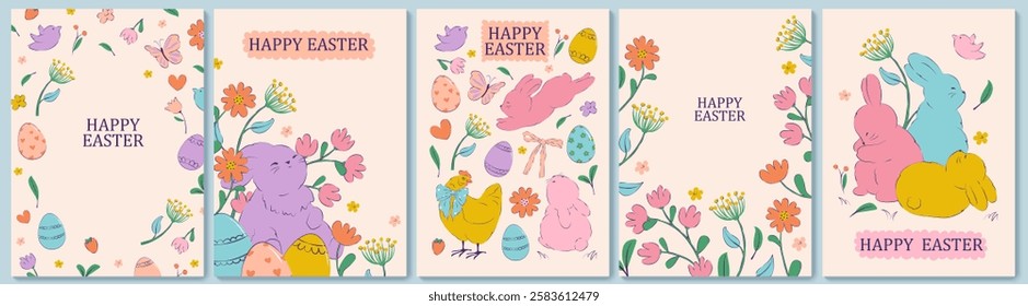 Easter design. Hand drawn cute bunnies, eggs, flowers, chick. Colorful vector spring illustrations. Holiday cards, banners, covers.