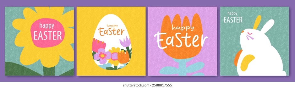Easter design. Hand drawn cute bunnies, eggs, flowers. Colorful vector spring illustrations. Holiday cards, banners, covers.