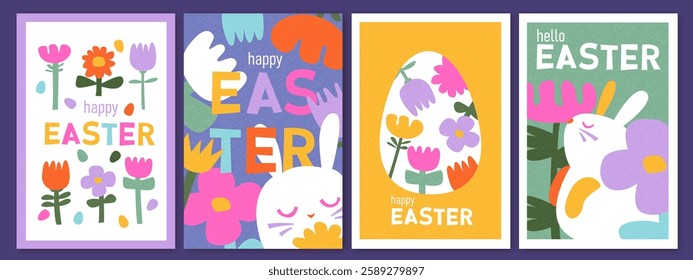 Easter design. Hand drawn cute bunnies, eggs, flowers. Colorful vector spring illustrations. Holiday cards, banners, covers.