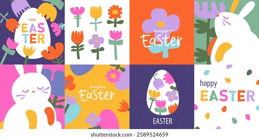 Easter design. Hand drawn cute bunnies, eggs, flowers. Colorful vector spring illustrations. Holiday cards, banners, covers.