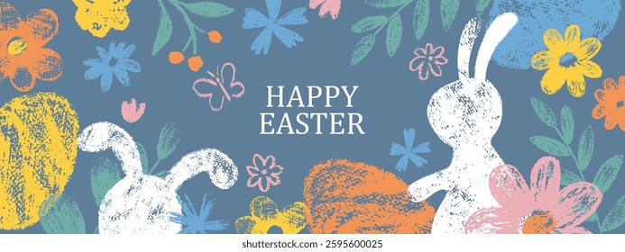 Easter design. Hand drawn cute bunnies, eggs, flowers. Colorful vector spring illustrations. Holiday cards, banners, covers.