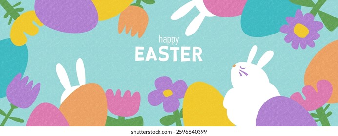 Easter design. Hand drawn cute bunnies, eggs, flowers. Colorful vector spring illustrations. Holiday cards, banners, covers.