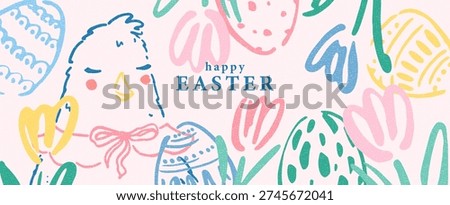 Easter design. Hand drawn cute eggs, flowers, chicken. Colorful vector spring illustration. Holiday card, banner, cover.
