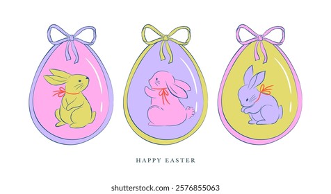 Easter design, hand drawn frames, sweet illustrations of bunnies, eggs, bows, flowers and basket in dolce vita cute style, pastel colors vector illustrations, banners, posters and greetings cards