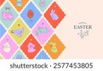 Easter design, hand drawn sweet illustrations of bunnies, eggs, bows, flowers and basket in vintage dolce vita cute style, pastel colors vector illustrations, banners, posters and greetings cards