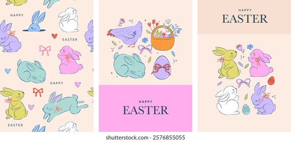 Easter design, hand drawn sweet illustrations of bunnies, eggs, bows, flowers and basket in vintage dolce vita cute style, pastel colors vector illustrations, banners, posters and greetings cards