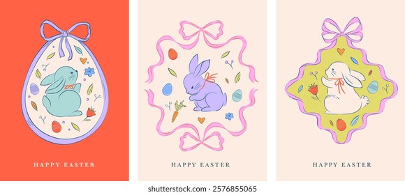 Easter design, hand drawn sweet illustrations of bunnies, eggs, bows, flowers and basket in vintage dolce vita cute style, pastel colors vector illustrations, banners, posters and greetings cards