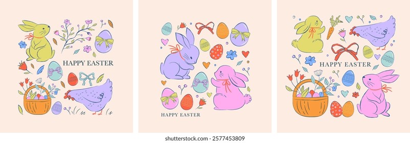 Easter design, hand drawn sweet illustrations of bunnies, eggs, bows, flowers and basket in vintage dolce vita cute style, pastel colors vector illustrations, banners, posters and greetings cards