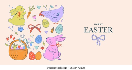 Easter design, hand drawn sweet illustrations of bunnies, eggs, bows, flowers and basket in vintage dolce vita cute style, pastel colors vector illustrations, banners, posters and greetings cards