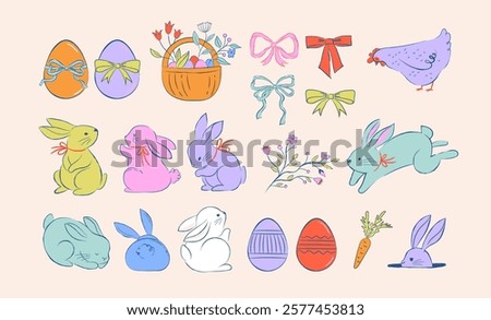 Easter design, hand drawn sweet illustrations of bunnies, eggs, bows, flowers and basket in dolce vita cute style, pastel colors set of vector illustration