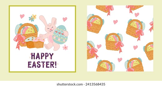 Easter design kit with greeting card template and matching seamless pattern, vector illustration. Easter spring seamless pattern, holiday wrapping and card or banner design.
