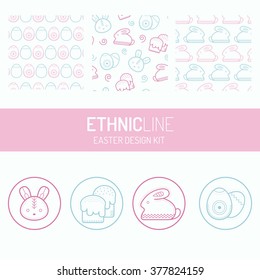 Easter design kit with round badges (icons) and seamless patterns. Romantic color palette. Fashionable and minimalistic linear style