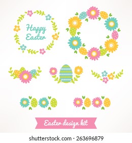 Easter design kit with wreathes, borders and bouquets in Pink, Yellow, Turquoise, Green and White. Perfect for holiday greeting cards and invitations