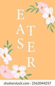 Easter design with pastel flowers and letters on peach background. Easter abstract modern geometry card.