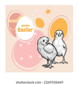 Easter design template. Hand drawn sketch style new born baby chickens among easter eggs. Spring time vector illustration.