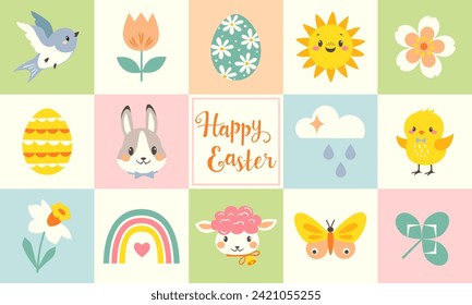 Easter design template for packaging, greeting card, flyer, poster, paper bag. Cute cartoon Easter characters on pastel colorful checkered background. Vector flat graphic design.