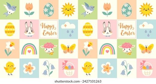 Easter design template, seamless pattern for packaging, greeting card, flyer, poster, paper bag. Cute cartoon Easter characters on pastel colorful checkered background. 