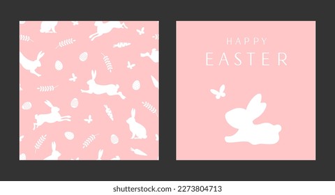 Easter designs set. Happy Easter greeting card and seamless pattern. Cute spring bunnies with butterfly, eggs, carrots, leaves and text. Vector illustrations on pink pastel background. 