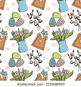 Easter details seamless pattern with doodle illustrations. Willow, Easter cake, tulips, multicolor eggs. Bright vector Illustration for wrapping paper, textile, print, decorations.