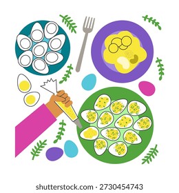 Huevos endiablados de Pascua cocinándose de claras y yemas. La mano hispana sostiene una bolsa de tuberías. Preparación tradicional de alimentos de primavera plana lay.