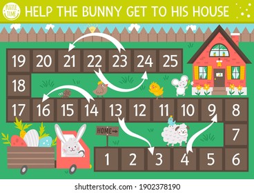 Easter dice board game for children with cute bunny in the truck with eggs driving to his house. Educational holiday boardgame. Spring educational activity. Printable worksheet 
