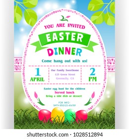 Easter dinner announcing poster template. Text customized for invitation with details about the date, time, location. Colorful eggs, ornaments and shining spring background. Vector illustration.