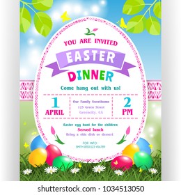 Easter dinner announcing poster template. Text customized for invitation with details of date, time, location. Colorful eggs in grass and flowers. Shining spring background. Vector illustration.