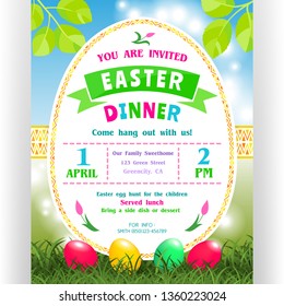 Easter dinner announcing template. Text customized for invitation with details about the date, time, location. Four colorful eggs, bright ornaments and shining spring background. Vector illustration.