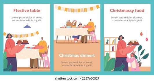 Easter Dinner Cartoon Banners. Happy Family Characters Mother, Father, Granny and Kids Around Festive Table. People Eating Meals and Talking, Cheerful Parents and Children Lunch. Vector Illustration