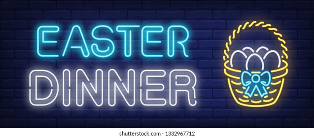 Easter dinner neon sign. Decorated basket with eggs. Celebration, event, treat. Night bright advertisement. Vector illustration in neon style for holiday, invitation, event