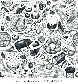 Easter dinner seamless pattern. Vector hand drawn illustrations. Happy Easter dinner vintage design. Background with food, meat, vegetables, pastry, bakery.