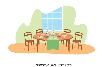 Easter dinner table setting 2D vector web banner, poster. Home dining room flat scene on cartoon background. Family feast. Christian holiday celebration printable patch, colorful web element