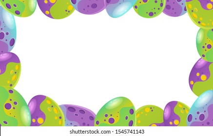 Easter dino egg frame with copy space. Colorful festive border for banner, poster, invitation on kid birthday. Vector illustration