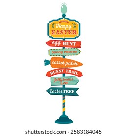 Easter direction sign with colored arrows and inscriptions. Bright Easter sign with arrows - egg hunt, jelly beans, carrot patch, bunny Trail, happy Easter.   Illustrated vector clipart.