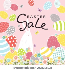 Banner de descuento de Pascua. Afiche vectorial con una foto de liebre y huevos coloridos. Diseño de Pascua con inscripción. Estilo plano.
