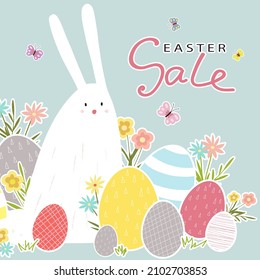 Easter discount banner. Vector poster with a picture of hare and colorful eggs. Easter design with inscription. Flat style.