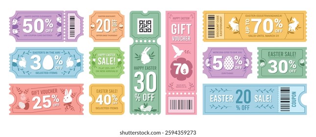 Easter discount code coupon templates set. Sale offer tickets. Easter themed illustrated price offer design. Promo retail pricing vouchers with barcode and qr-code. Pastel colored vectors.