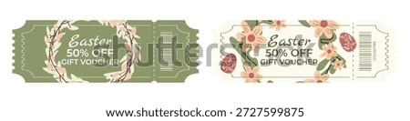 Easter Discount Coupon Set 50 % Percent Off with Easter Eggs, Bunny, Floral Wreaths and Scandinavian Pastel Spring Design