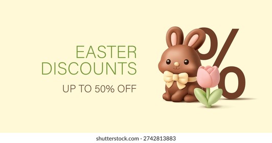 Easter discounts banner. 3D chocolate bunny, tulip, percentage. Special promotional offer. Spring banner. Vector illustration.