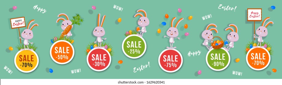 Easter discounts set of round banners with cute bunnies and Easter eggs. Isolated vector clip art with amusing rabbits for festive sale and advertising design