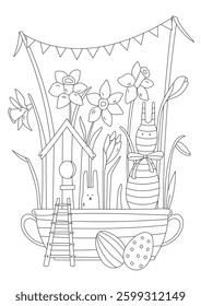 Easter Display Featuring A Birdhouse, Daffodils, And Eggs With A Stress-Relief Coloring For Kids And Adults