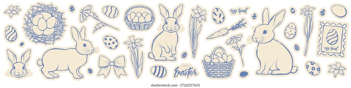 Easter doodle big collection. Trendy decorative elements, eggs, bunnies, flowers, nest, carrot, postage stamp, baskets. Vector set with Easter symbols for decoration of Easter events, cards, posters.